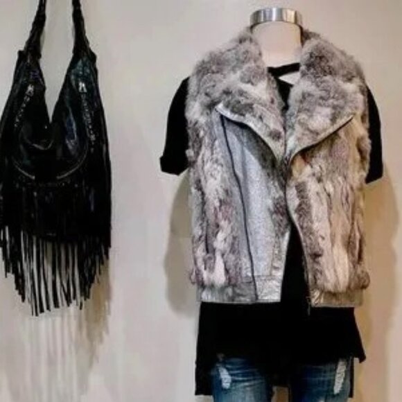💋STUNNING💋 Vintage Genuine Leather & Fur Moto Vest